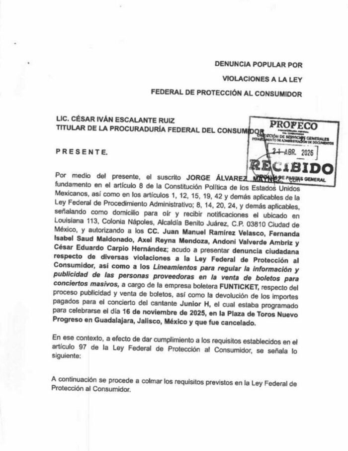 Álvarez Máynez presenta denuncia contra FunTicket por ‘abusos’ en concierto de Junior H cancelado