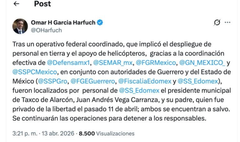 Hemos rescatado al alcalde de Taxco y a su padre: García Harfuch
