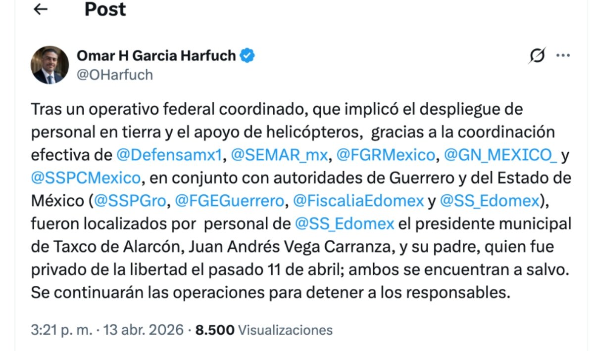 Hemos rescatado al alcalde de Taxco y a su padre: García Harfuch
