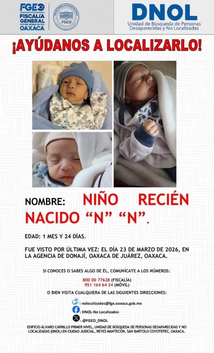 ¿Lo has visto? Desaparece recién nacido en Oaxaca; activan Alerta Amber