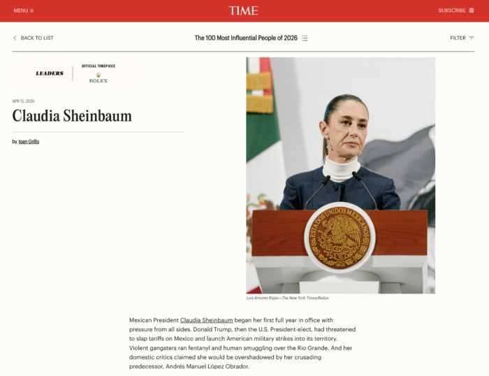 Sheinbaum repite en las 100 personas más influyentes de Time, junto a Trump, Xi y Netanyahu