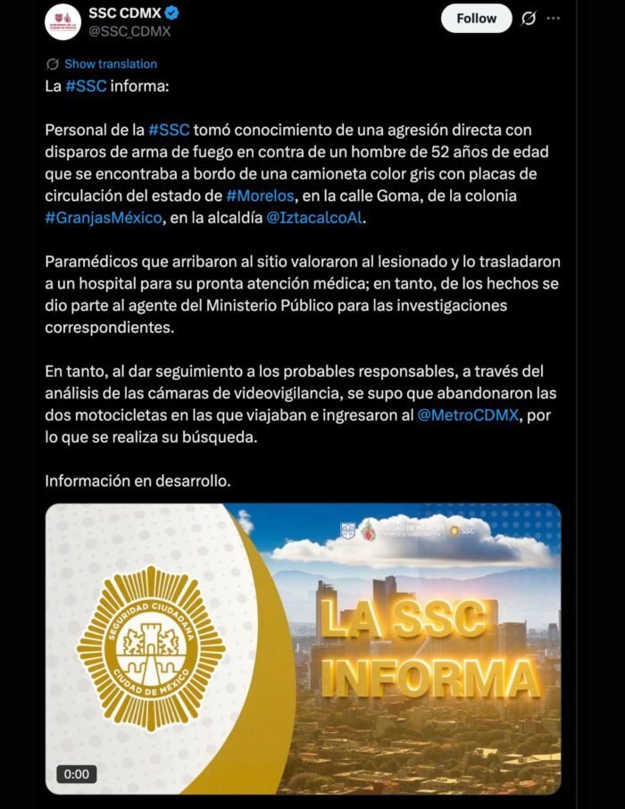 Sujetos balean a hombre en Iztacalco y huyen en Metro