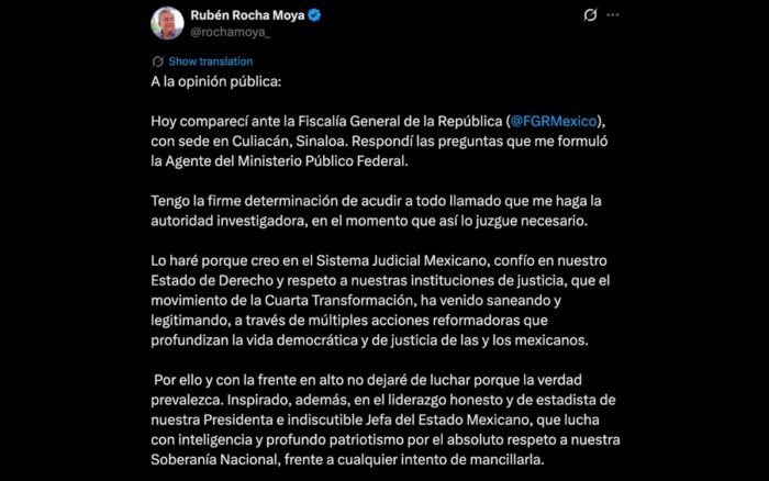 Comparecen Rocha Moya y vicefiscal con licencia de Sinaloa ante FGR