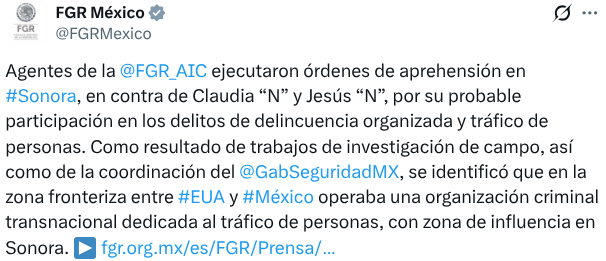 FGR: Caen integrantes de red de tráfico de personas ligado a ‘Los Salazar’ en Sonora