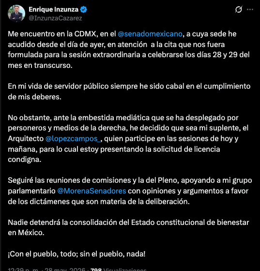 Inzunza pide licencia, a casi un mes de que EE.UU