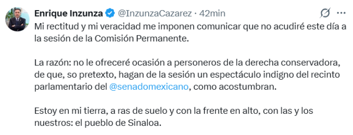 Senador Inzunza sigue en Sinaloa; no irá a la sesión de la Permanente