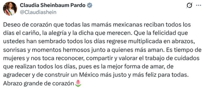 Sheinbaum felicita a las madres mexicanas y pide reconocer los cuidados