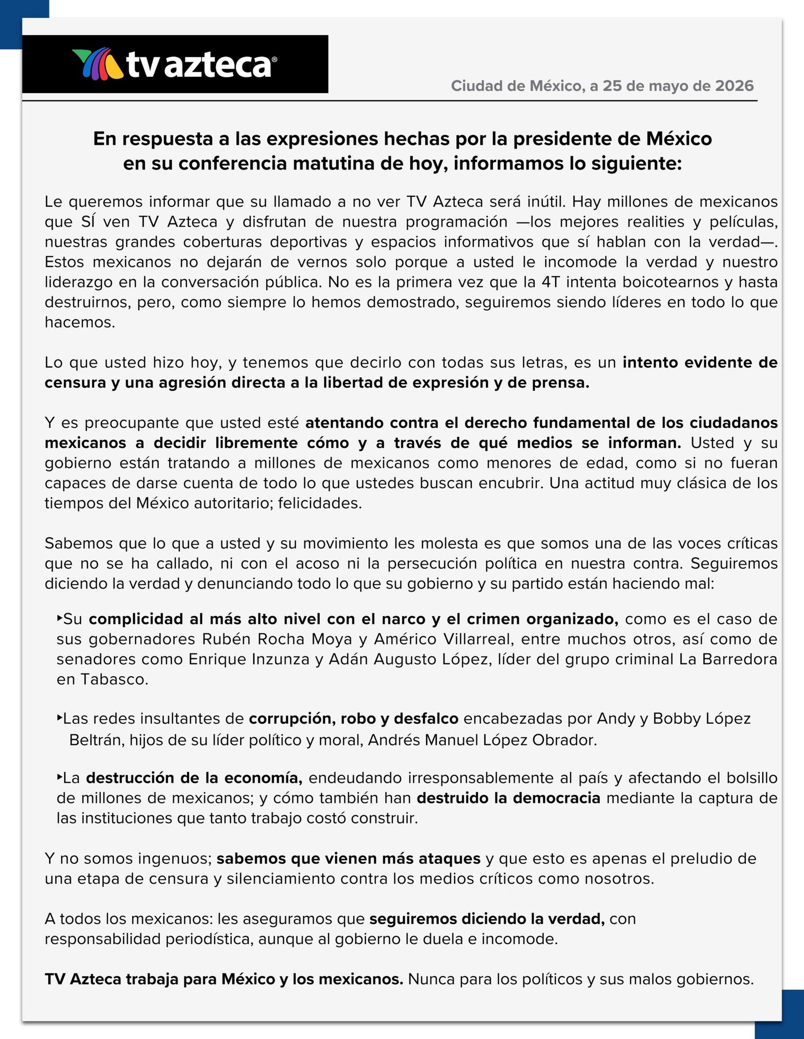 Sheinbaum pide no ver TV Azteca; televisora acusa censura y complicidad con el narco