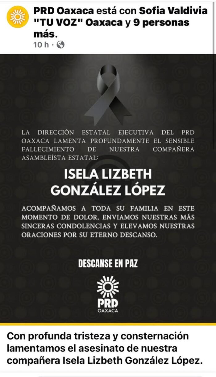 Asesinan a Isela Lizbeth González López, militante del PRD en Oaxaca