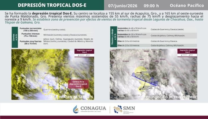 Depresión tropical Dos-E provoca lluvias torrenciales en estados del sur; puede tocar tierra como tormenta