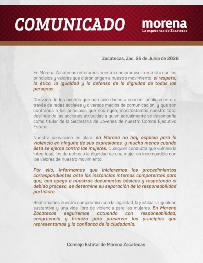 Destituye Morena a dirigente juvenil tras agresión a mujer durante festejos por victoria de la Selección Mexicana en Zacatecas