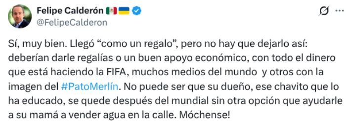 Felipe Calderón pide regalías de FIFA para familia del pato Merlín