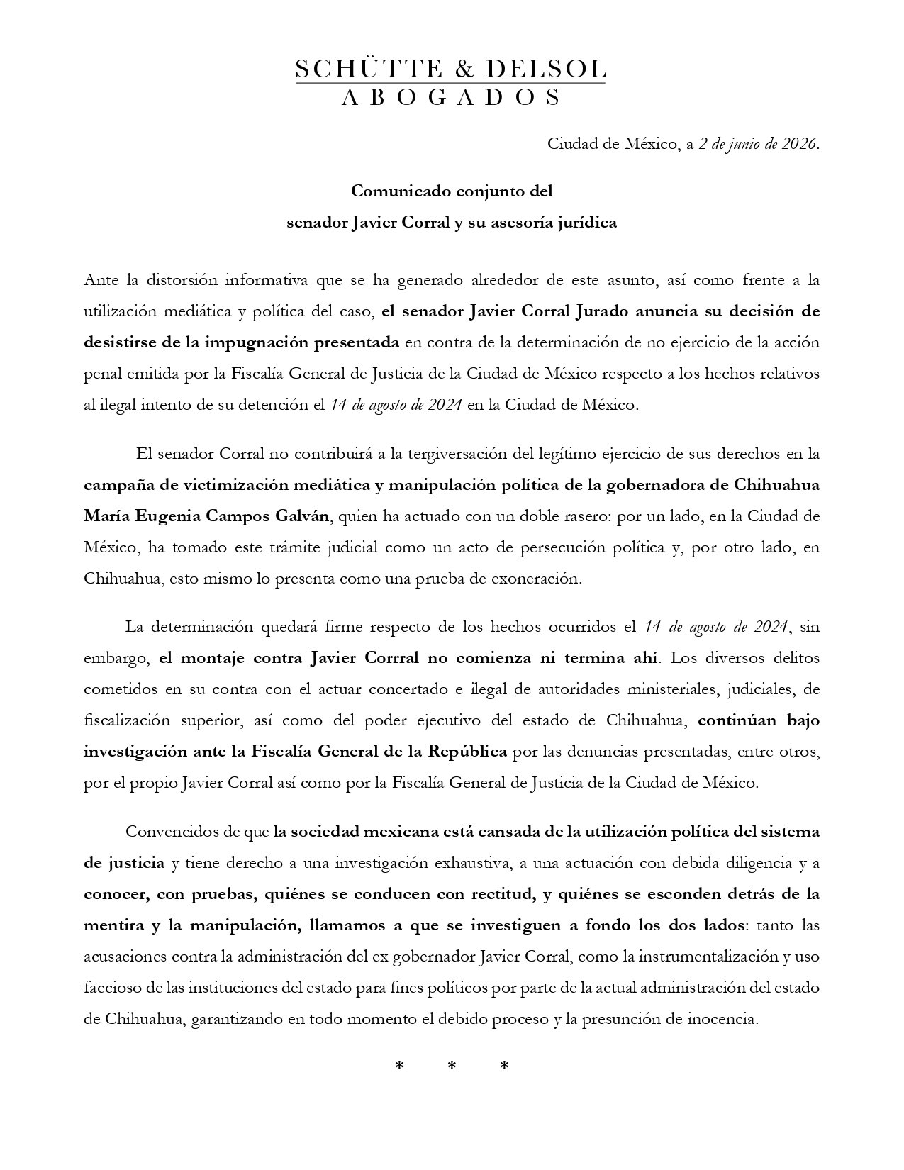 Javier Corral retira impugnación en caso María Eugenia Campos
