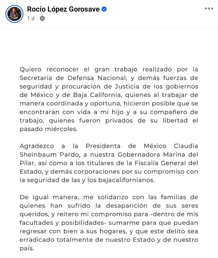 Rescatan a hijo secuestrado de diputada morenista Rocío López Gorosave; agradece a Sheinbaum