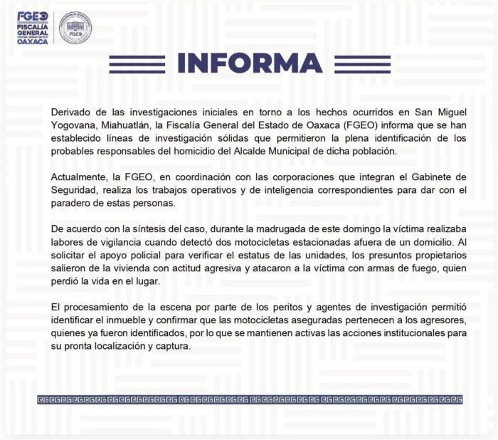 Asesinan al agente municipal de San Miguel Yogovana en Oaxaca; hay dos detenidos