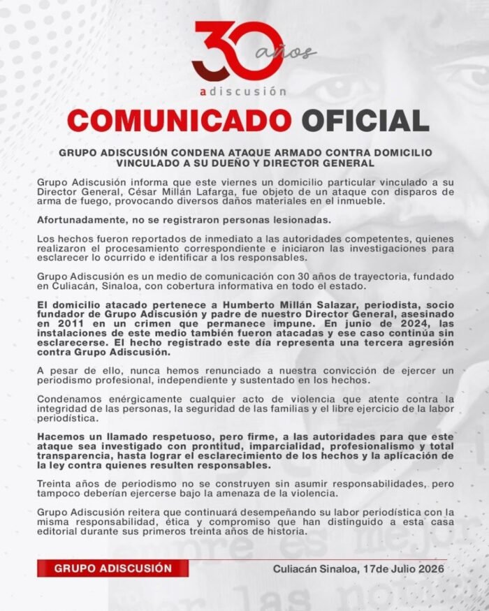 Atacan a balazos domicilio de periodista de Sinaloa