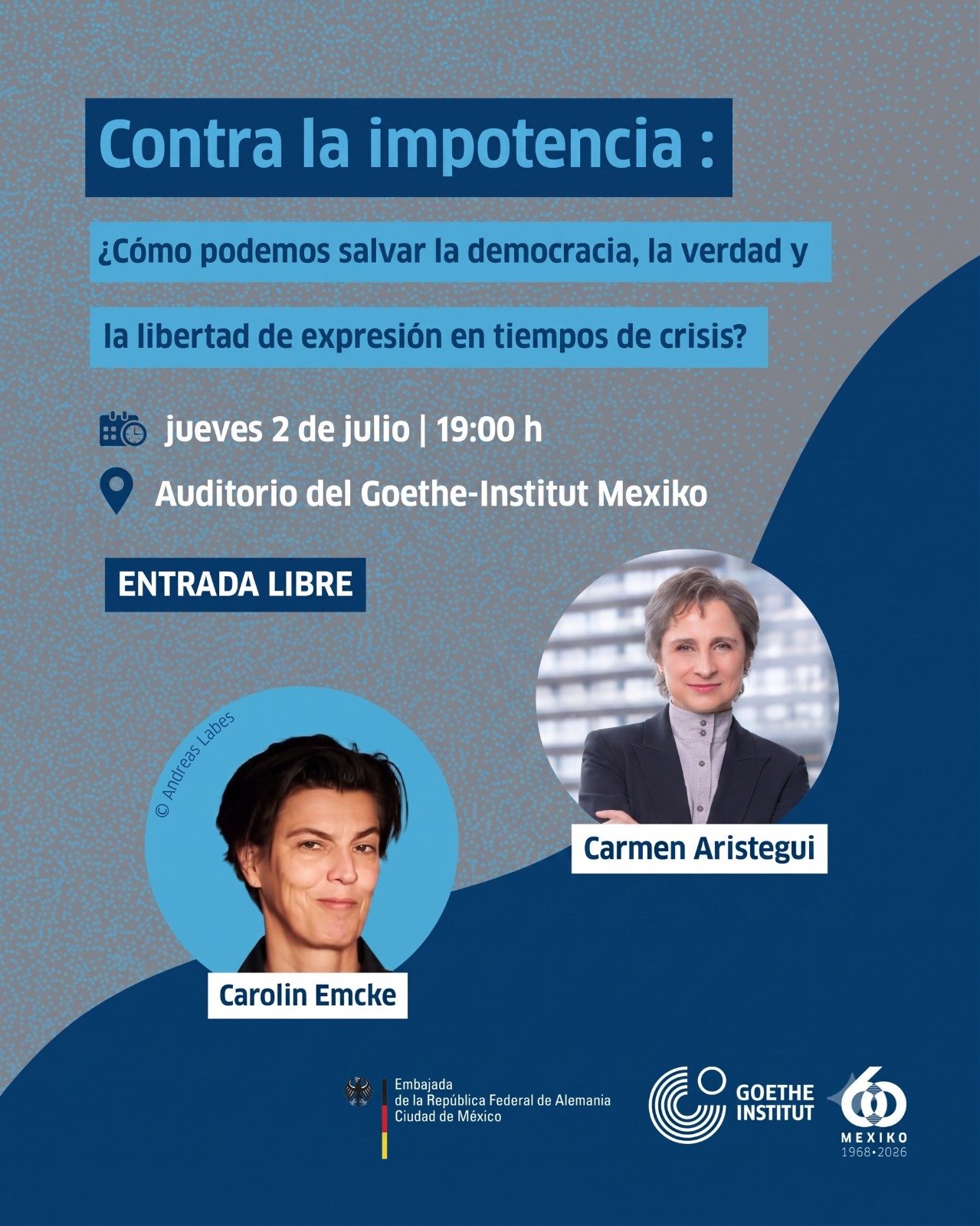 Carolin Emcke y Carmen Aristegui dialogan sobre democracia en el Goethe-Institut
