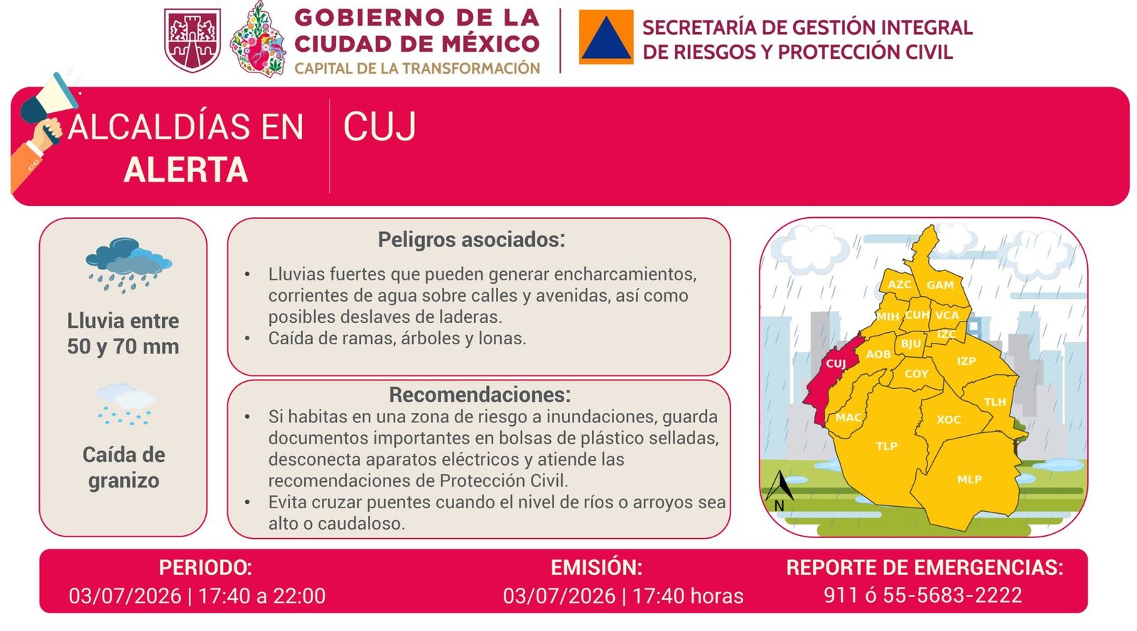 Emiten alerta por lluvias intensas, actividad eléctrica y granizo | CDMX