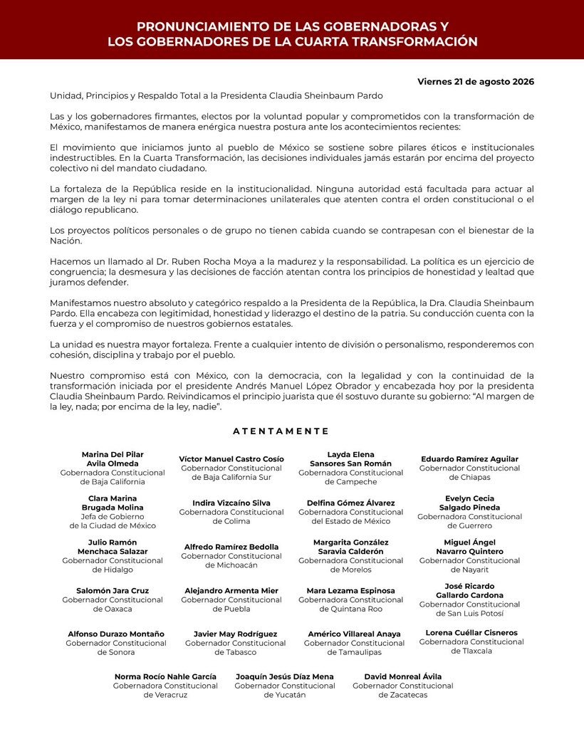 Gobernadores morenistas llaman a Rocha a la ‘responsabilidad’; critican ‘desmesura’