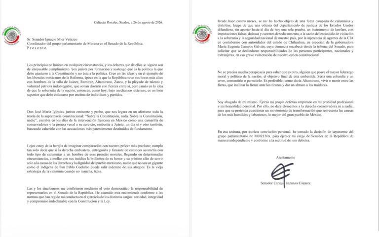 Inzunza no deja el fuero, pero anuncia que abandona la bancada de Morena