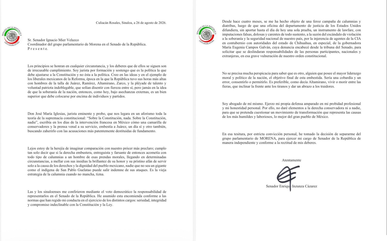 Inzunza no deja el fuero, pero anuncia que abandona la bancada de Morena
