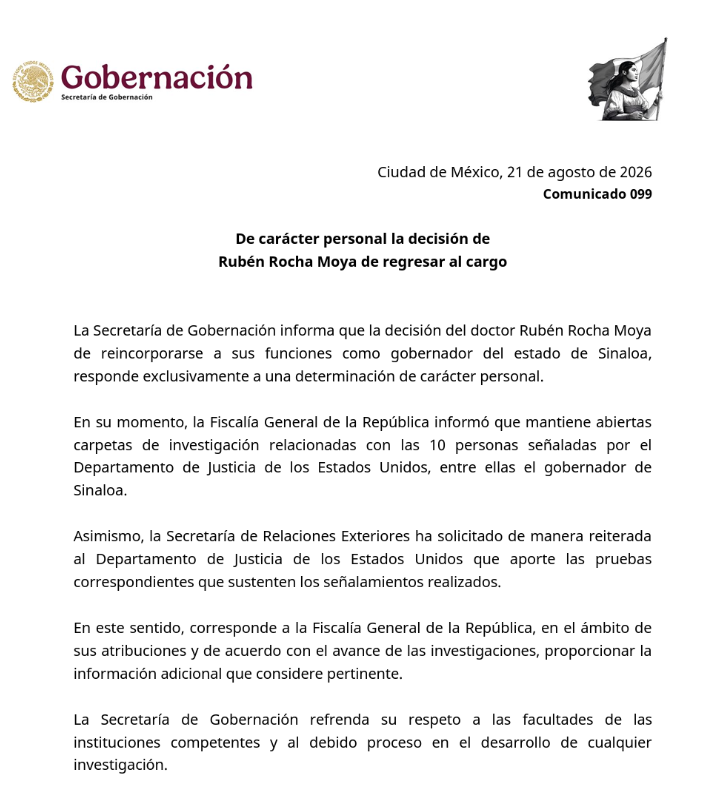 Rocha Moya regresó como gobernador por ‘decisión personal’, dice Gobernación