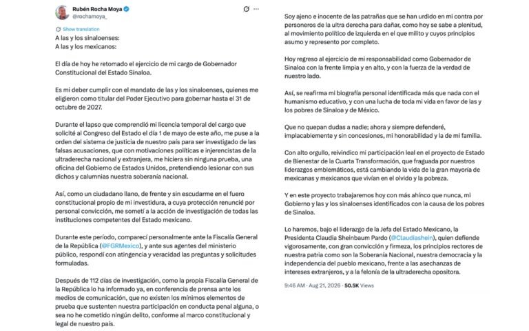 Rubén Rocha Moya retoma gubernatura de Sinaloa tras 112 días
