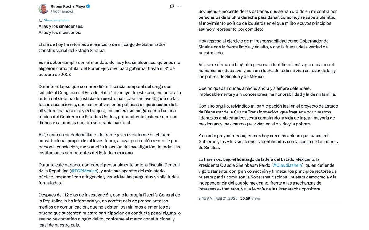 Rubén Rocha Moya retoma gubernatura de Sinaloa tras 112 días
