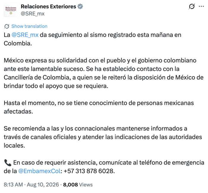 SRE pide a mexicanos en Colombia atender indicaciones