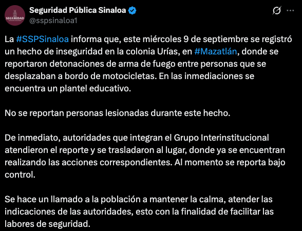 Balacera cerca de secundaria genera pánico en Mazatlán