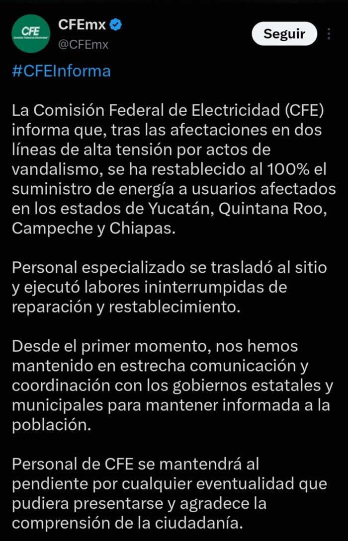 CFE restablece al 100% luz en cuatro estados tras vandalismo