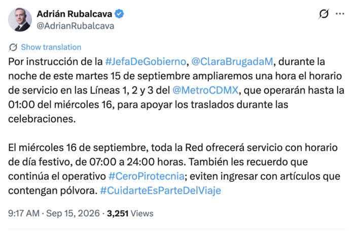 ¿Hasta qué hora habrá Metro el 15 de septiembre en CDMX?