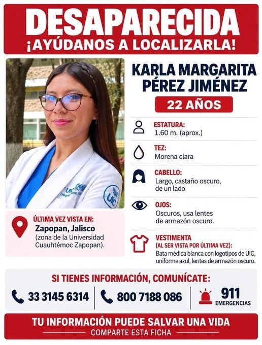 Localizan sin vida a la estudiante Karla Margarita Pérez Jiménez en Zapopan