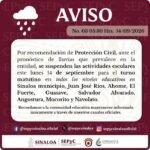 Suspenden clases en nueve municipios de Sinaloa por lluvias