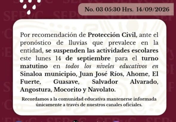 Suspenden clases en nueve municipios de Sinaloa por lluvias