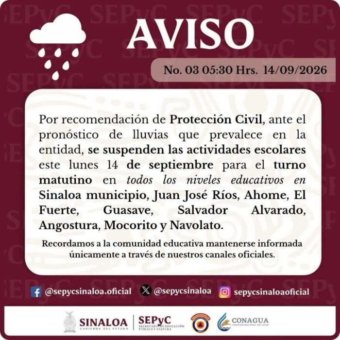 Suspenden clases en nueve municipios de Sinaloa por lluvias