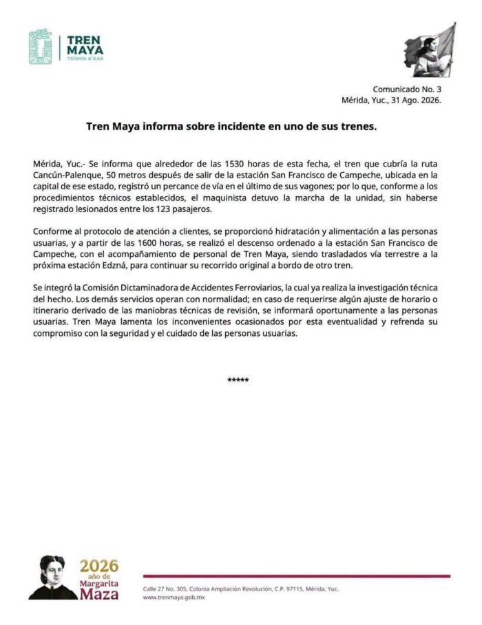 Tren Maya descarrila en Campeche con 123 pasajeros