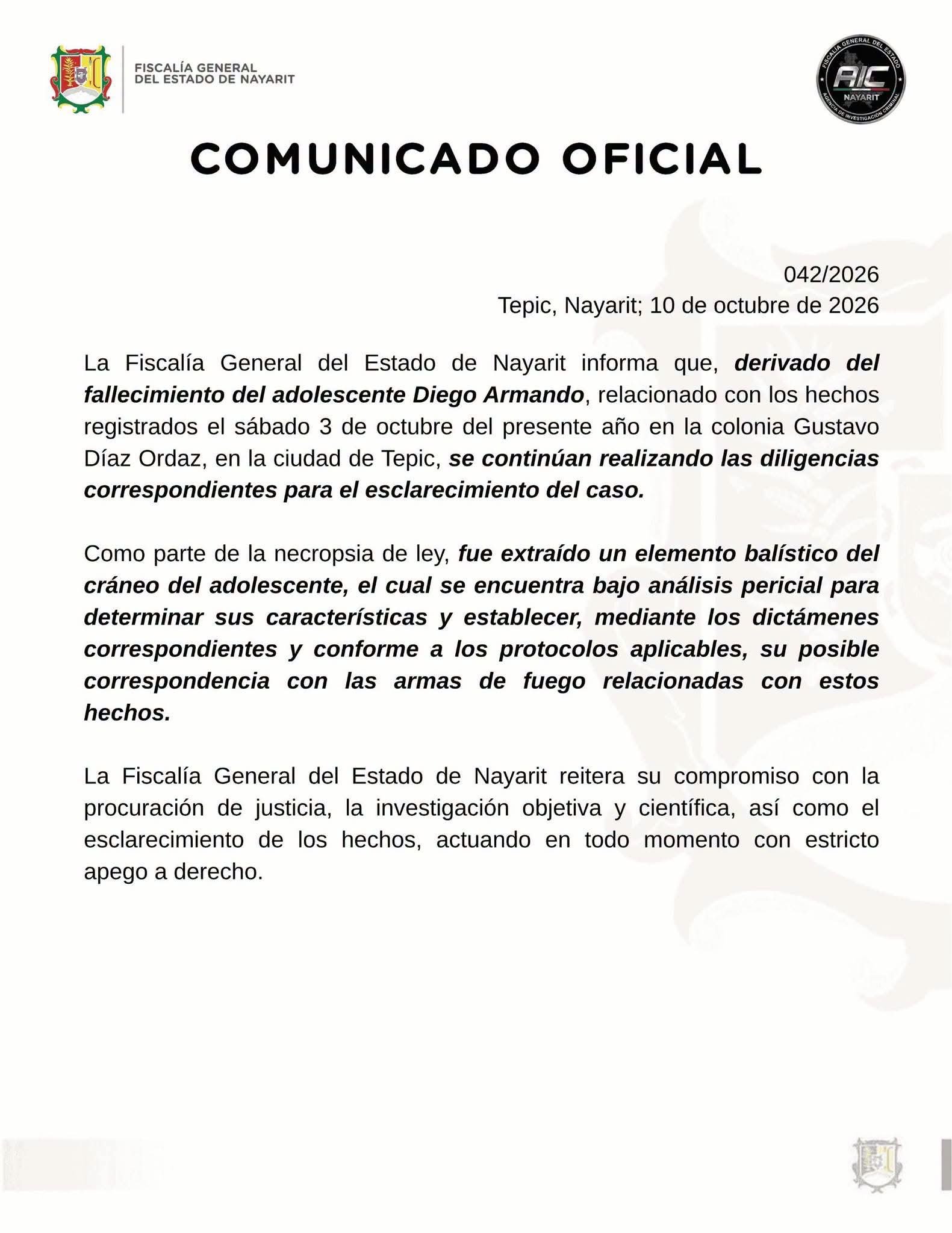 Fiscalía de Nayarit analiza si policías dispararon a adolescente muerto