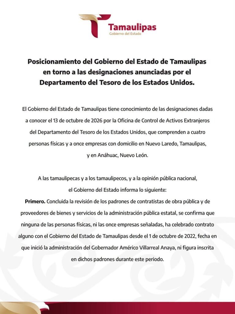 Tamaulipas descarta contratos con empresas señaladas por EEUU; Nuevo Laredo reconoce dos
