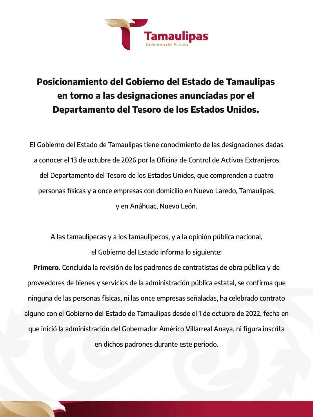 Tamaulipas descarta contratos con empresas señaladas por EEUU; Nuevo Laredo reconoce dos